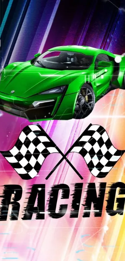 Green sports car on colorful racing-themed background.