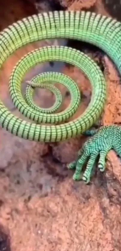 Mesmerizing green spiral reptile on earthy background.