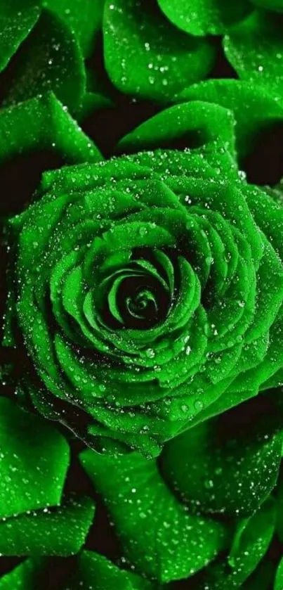 Vibrant green rose with dewy petals on lush foliage