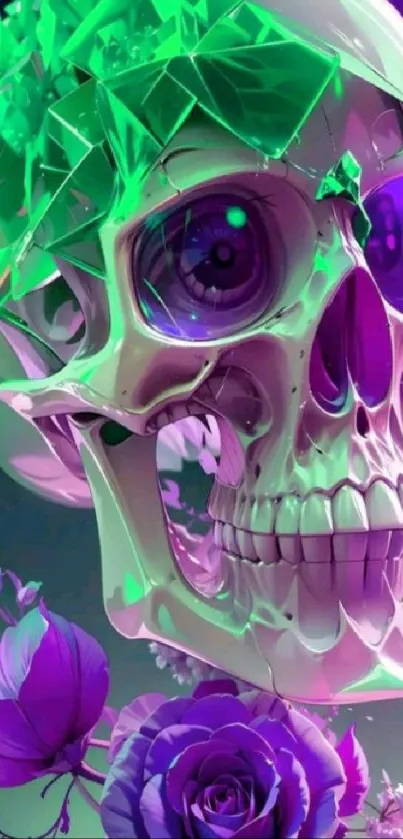 Vibrant green skull with purple flowers wallpaper.