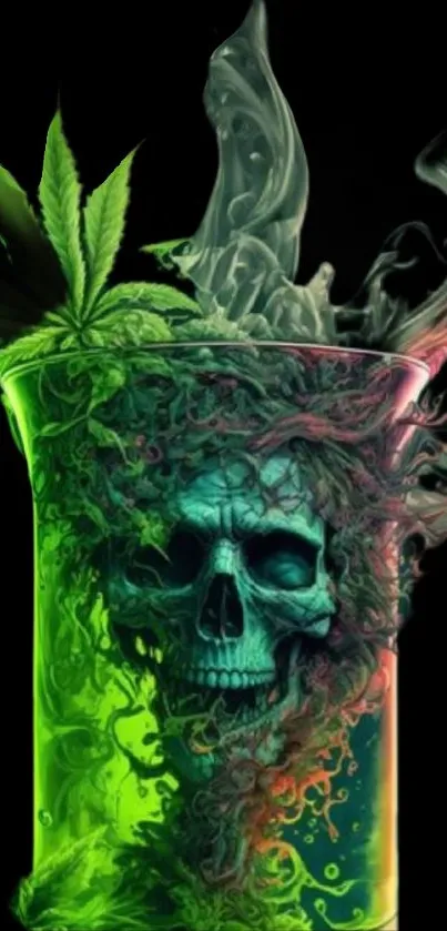 Green skull with leaves in dark artistic design.