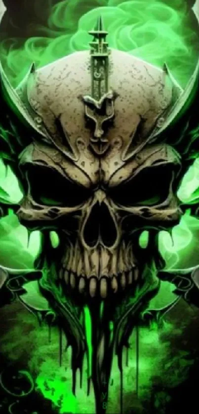 Green skull artwork with a glowing effect on dark background.