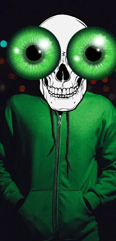 Skull figure with giant green eyes wearing a hoodie in urban night scene.