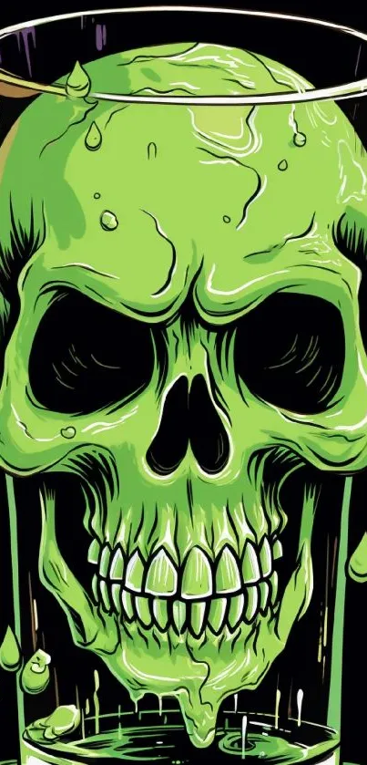 Green skull in glass, bold wallpaper design.