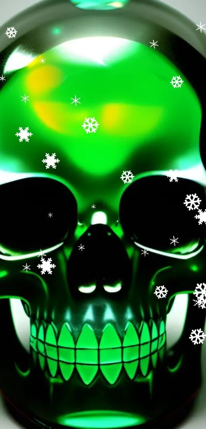 Artistic green skull with snowflakes on a mobile wallpaper design.