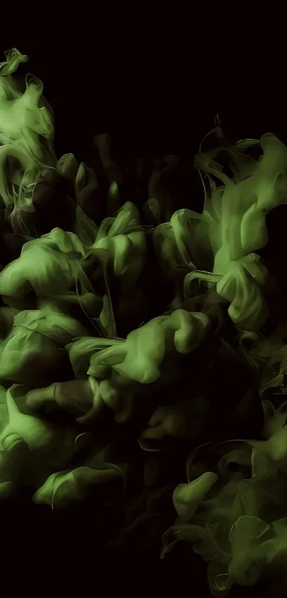 Vibrant green smoke swirls on dark background, artistic wallpaper.