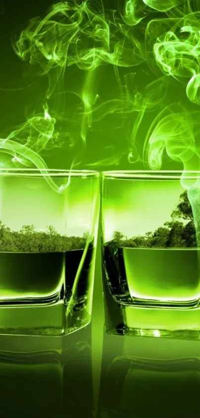 Vibrant green smoke above glass reflects elegance.