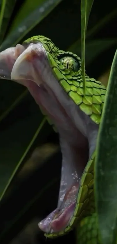 Close-up of a green snake with open mouth and detailed scales.