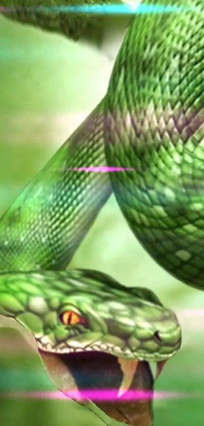 Dynamic green snake with vibrant lighting in a striking pose.