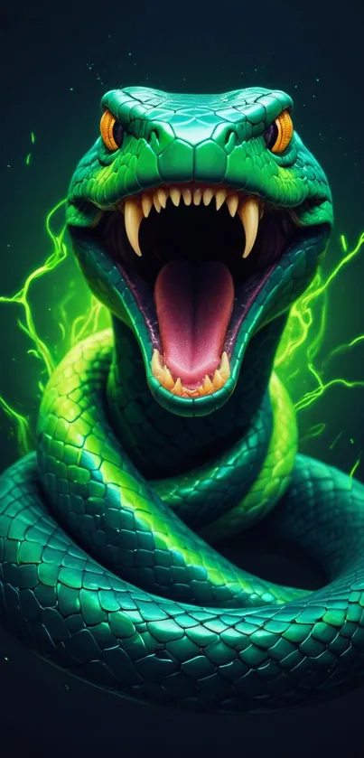 Vibrant green snake with fierce expression and glowing background.