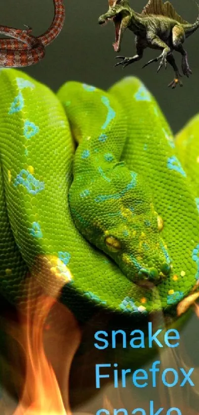 Green snake coiled on a branch with small creatures above.