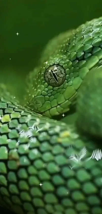 Close-up of a vibrant green snake with intricate scales.