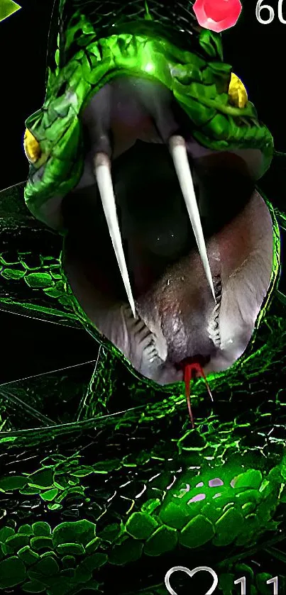 Vibrant green snake mobile wallpaper with detailed scales and sharp fangs.