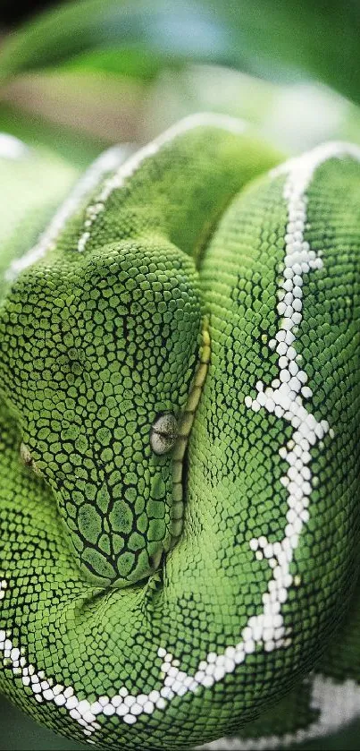 A close-up view of a vibrant green snake with detailed textures.