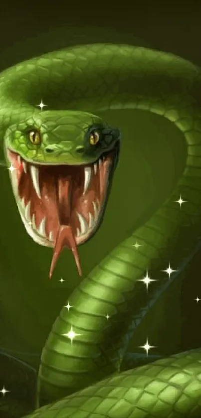 Vibrant digital art of a fierce green snake with open mouth.