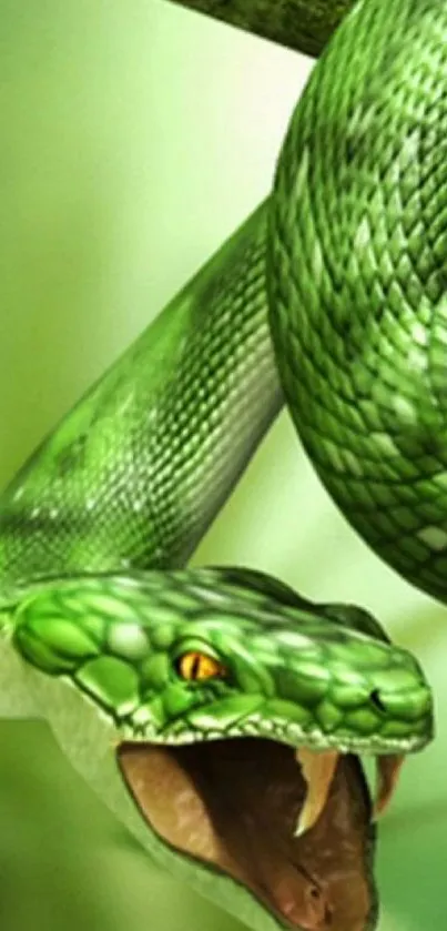 A detailed green snake with open mouth, coiled and vibrant, on a mobile wallpaper.