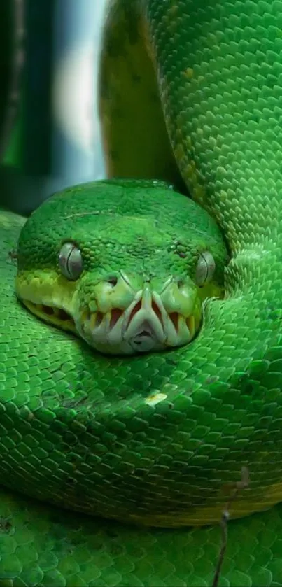 Vibrant green coiled snake close-up wallpaper.