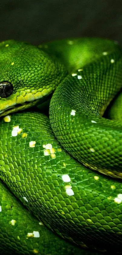 Close-up of a vibrant green snake showing its textured scales.