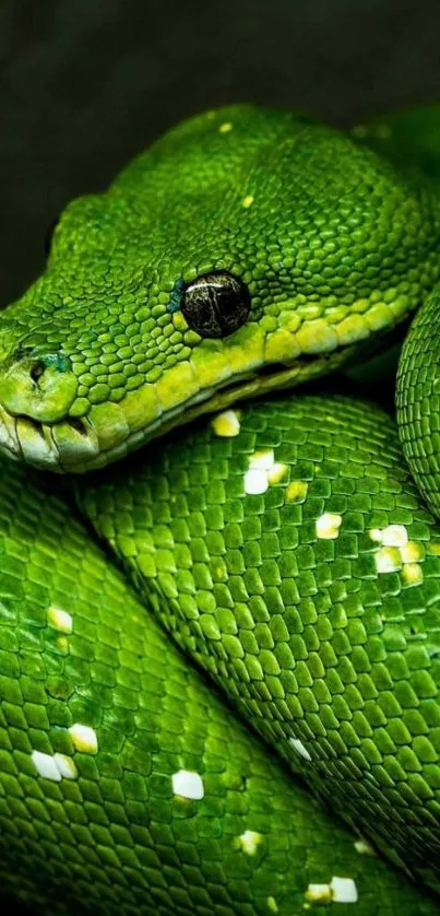 Close-up of a vibrant green snake coiled elegantly on a dark background.