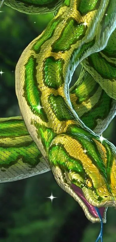 Vibrant green snake in the jungle setting for mobile wallpaper.