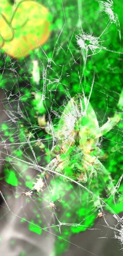 Green spider on web with vibrant colors.