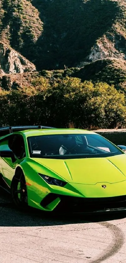 Vibrant green sports car on a mountain road with stunning scenery.