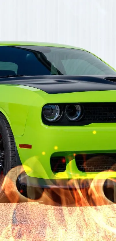 Vibrant neon green sports car on asphalt background.