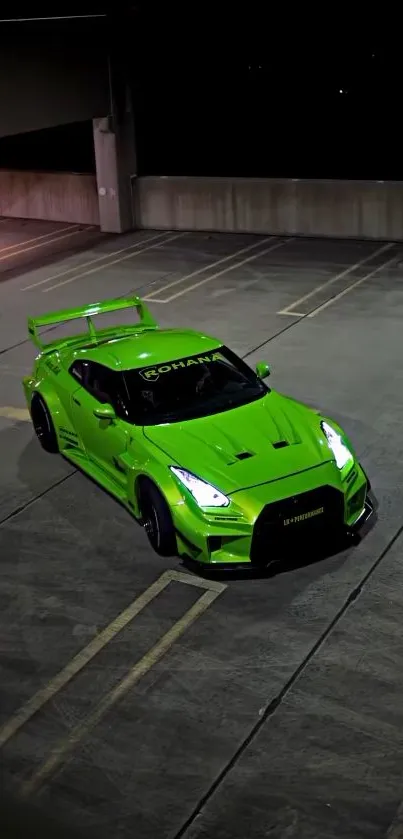 Vibrant green sports car in urban night setting.