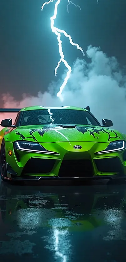 Green sports car under lightning in stormy setting.