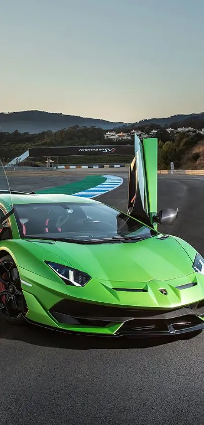 A vibrant green sports car with open doors on a scenic track.