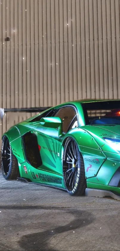 Vibrant green sports car with glowing lights and sleek design.