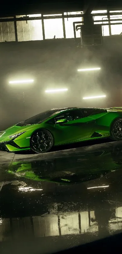 Vibrant green sports car in a sleek setting.
