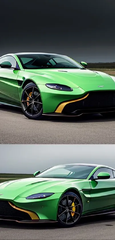 Vibrant green sports car on a racetrack with dramatic cloudy sky.