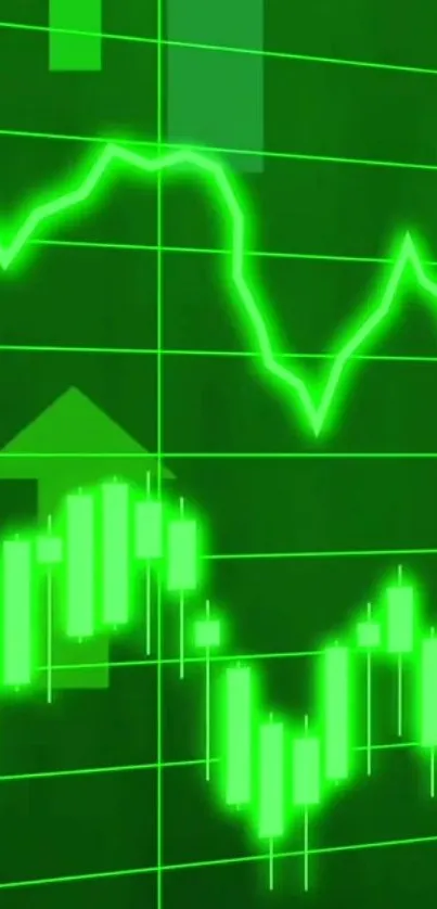 Dynamic green stock market chart with neon lines on mobile wallpaper.