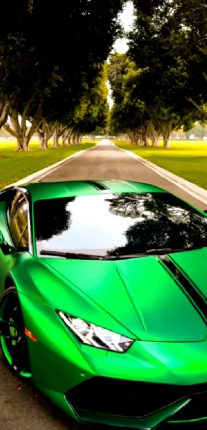 Green supercar on a tree-lined road background.