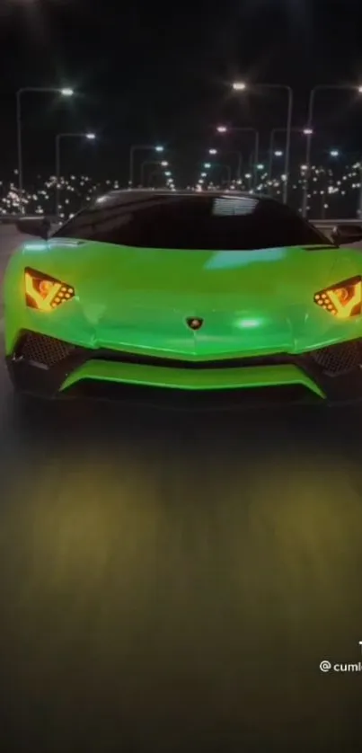 Vibrant green supercar driving at night in cityscape wallpaper.