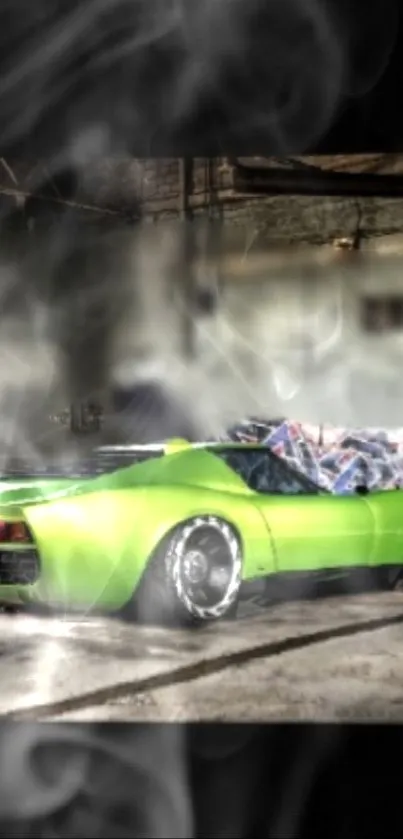 Green supercar with smoky effect in an industrial setting, perfect for mobile wallpaper.