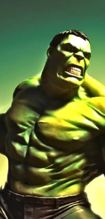 Bold green superhero with muscular physique.