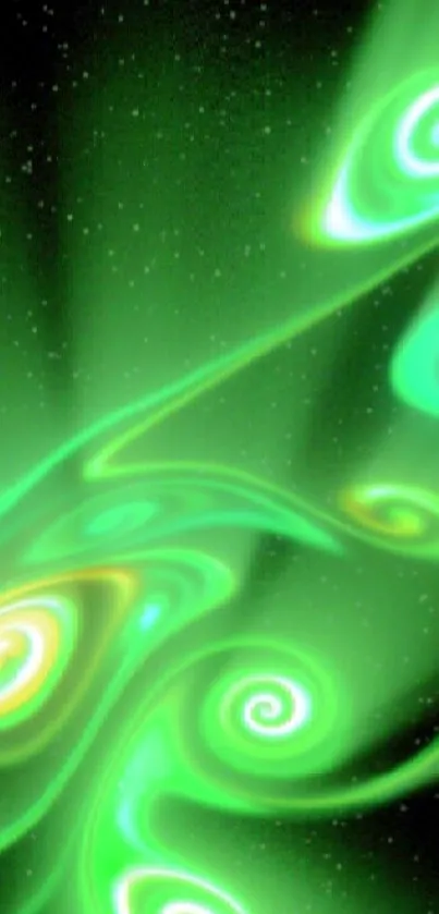 Green abstract swirl wallpaper with cosmic patterns.