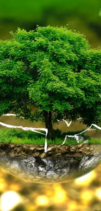 Green tree in a glass globe wallpaper with nature background.