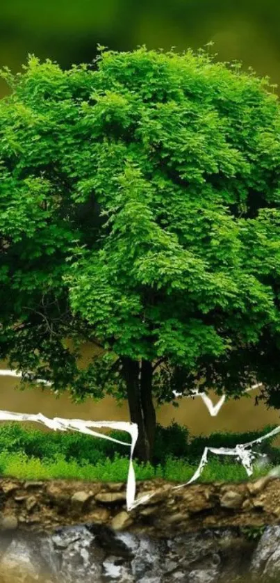 Vibrant green tree with roots exposed in nature scene.