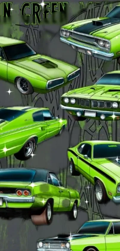 Green classic cars on a decorative mobile wallpaper.