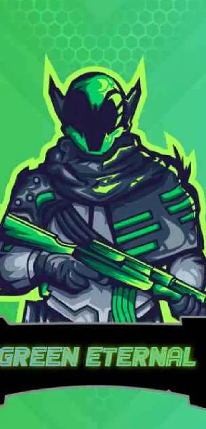 Green warrior with neon accents on vibrant background.