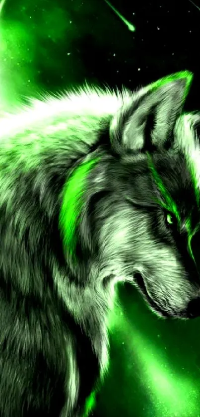 Vibrant green wolf against a cosmic background wallpaper.