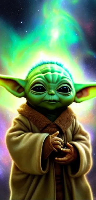 Vibrant green Yoda with cosmic neon background on a phone wallpaper.