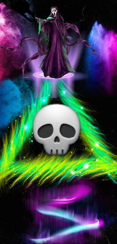 Vibrant wallpaper featuring Grim Reaper and glowing colors.