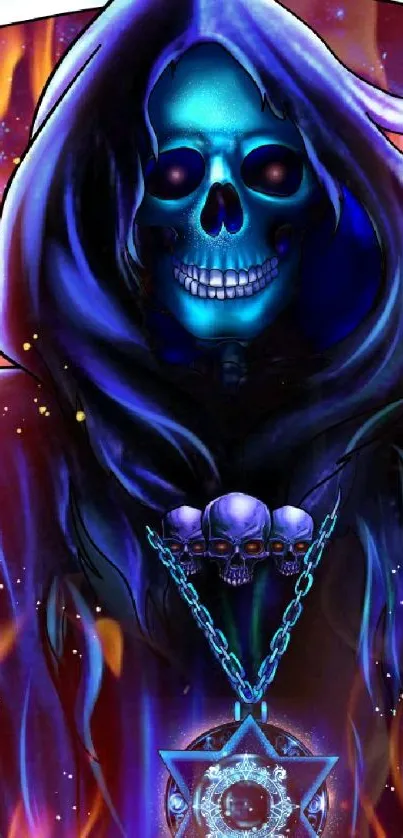 Grim Reaper wallpaper with vibrant flames and mystical charm.