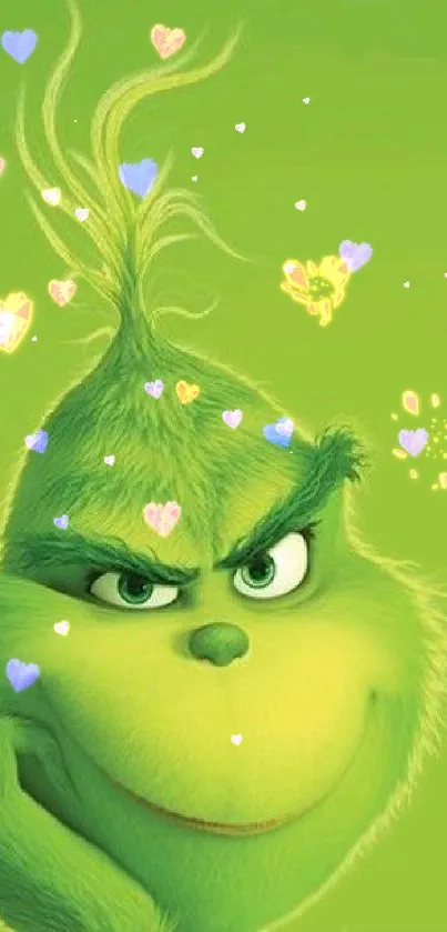 Vibrant Grinch on lime green background mobile wallpaper.