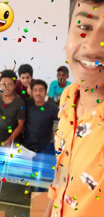 A vibrant group selfie with confetti and a joyful emoji overlay.