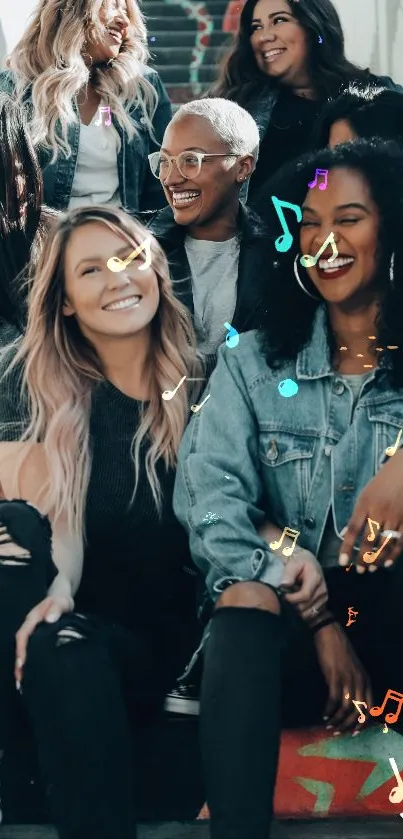 Group of friends smiling with musical notes overlay.